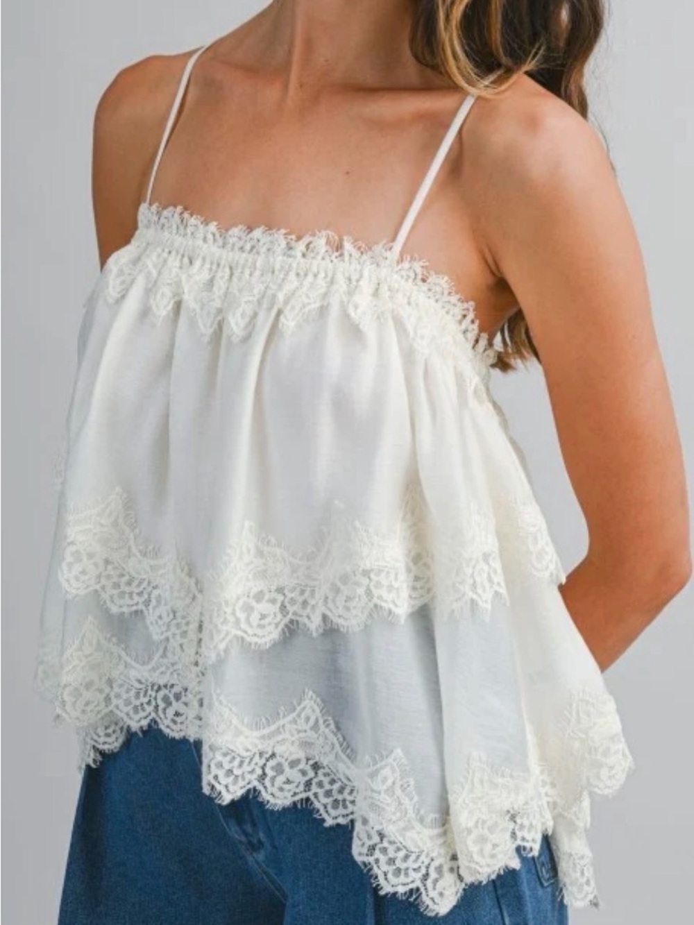 Lace-Tiered Cream Spaghetti-Strap Camisole